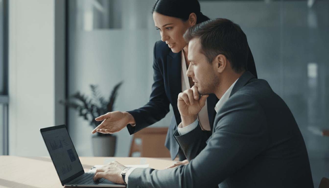 Two independent agents reviewing work together at a laptop