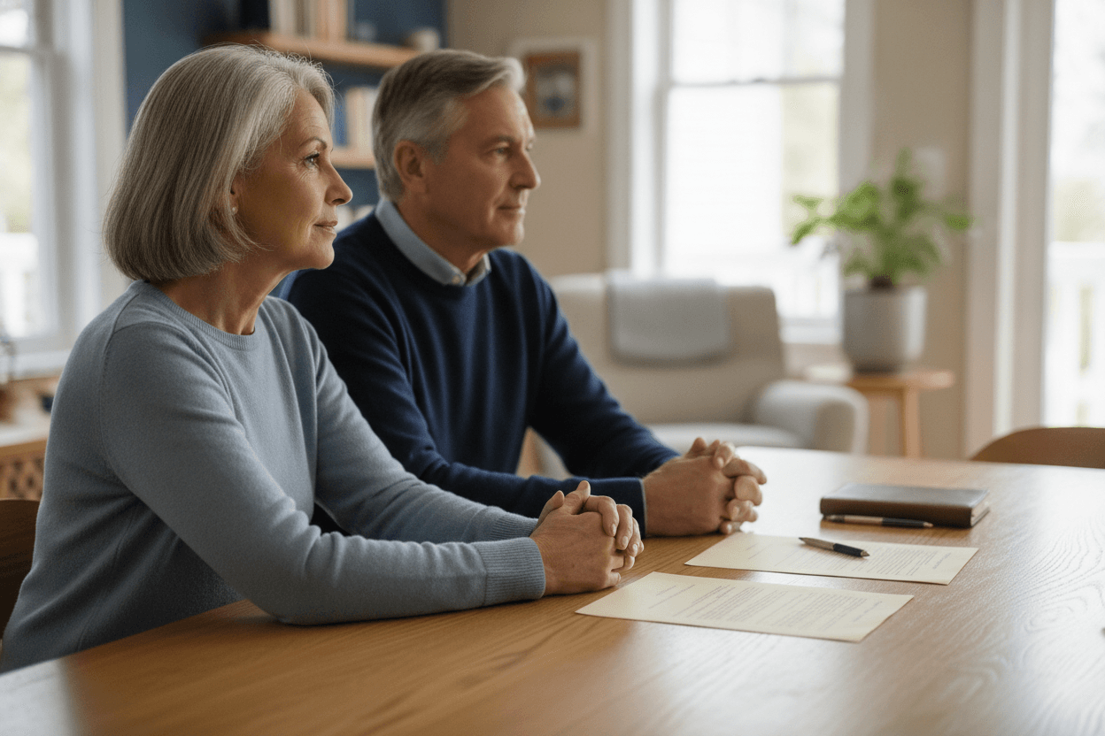 A couple reviewing their retirement paperwork together at their dining table