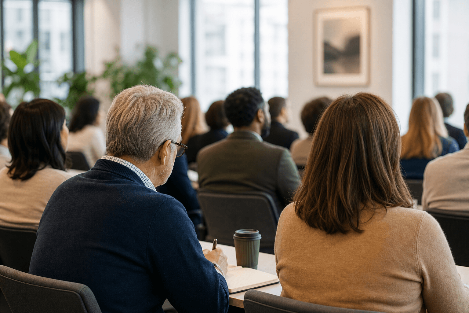Professionals taking notes during an in-person training workshop